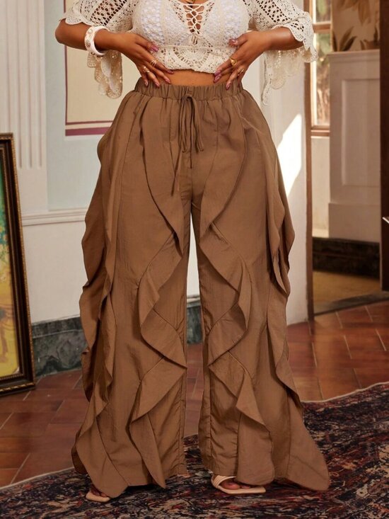 Pants - Brown Casual Women's Plus Size Ruffle Hem Pants